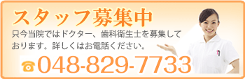 スタッフ募集中　只今当院ではドクター、歯科衛生士を募集しております。詳しくはお電話ください。048-829-7733
